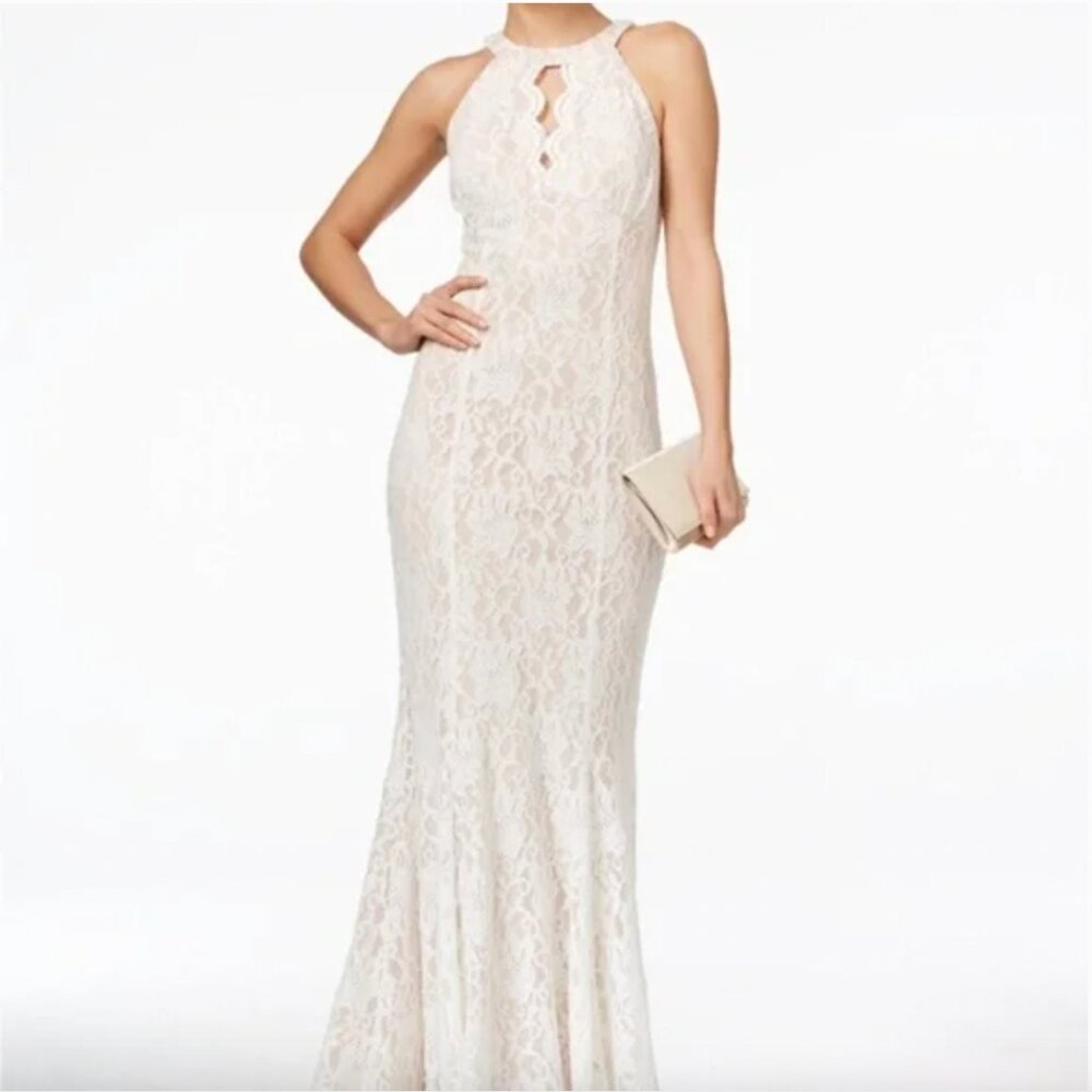 Long Glitter Lace Halter Ivory white Dress with Keyhole Neck